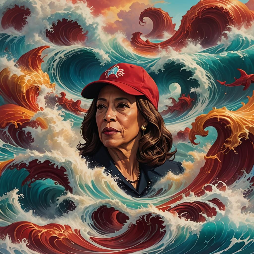 Surreal Kamala Harris in Fiery Red Wave, Digital Art