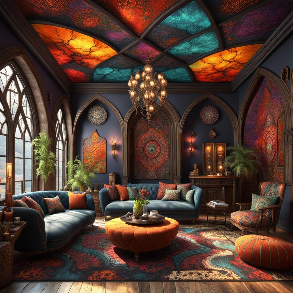 Gothic livingroom showcasing contrasting and vibrant colors, combining elements of Bohemian and Nubian art styles.