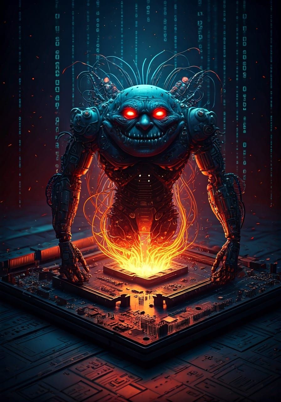 Cybernetic Troll Emerging from Motherboard in Sci-Fi Style