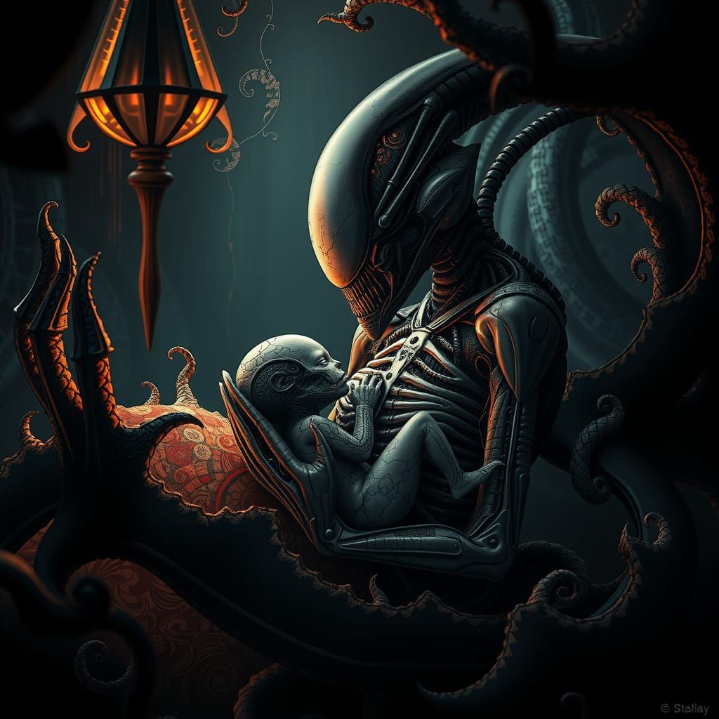 "Xenomorph-Human Mother caring for baby xenomorph-hybrid"