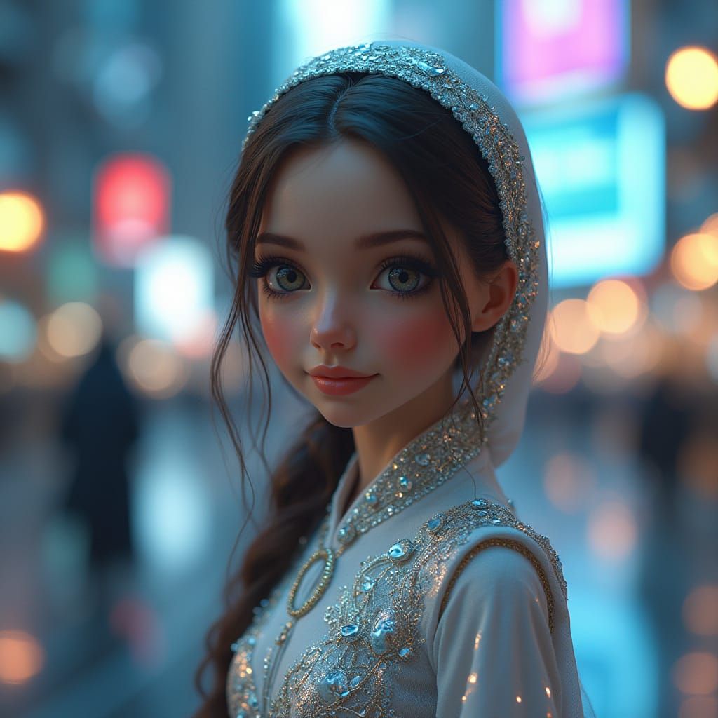 Young Girl Embodies Futuristic Harmony in City of Advanced T...