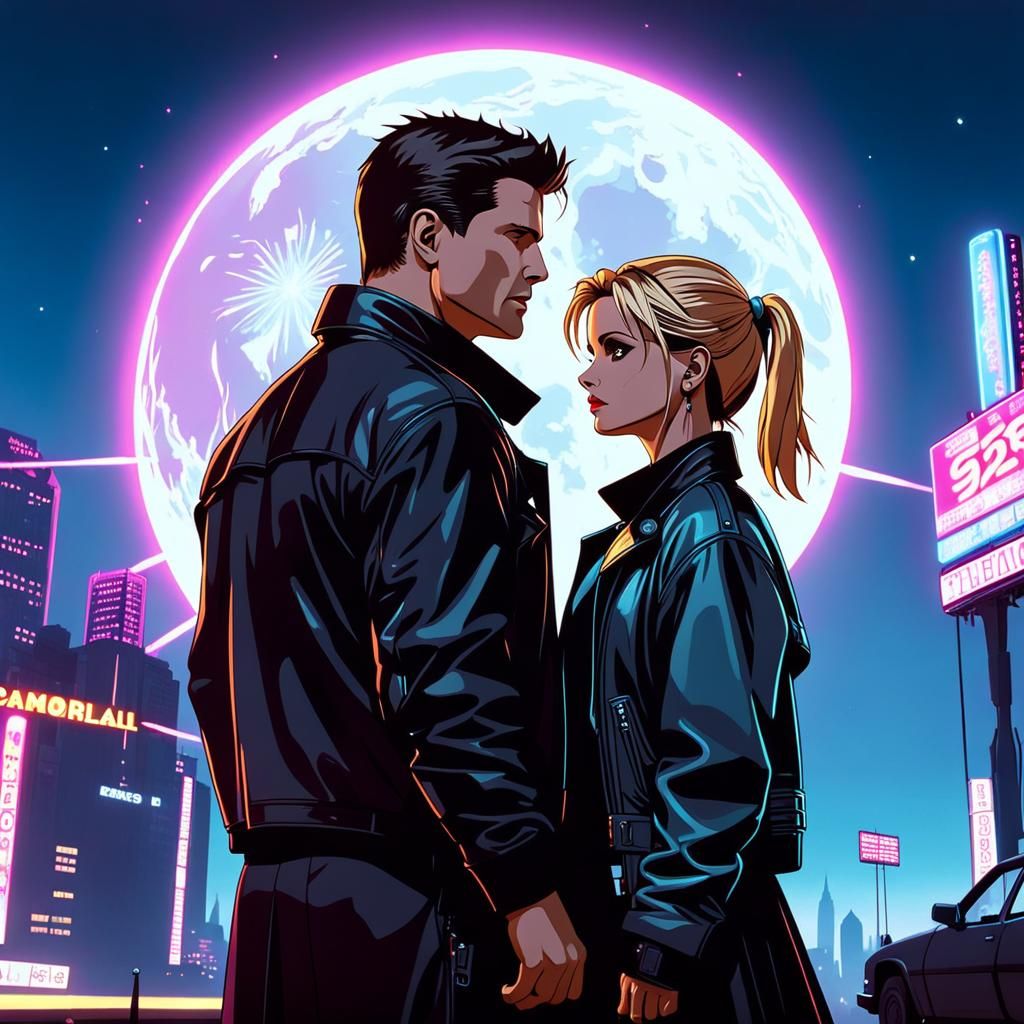 Romantic Cyberpunk Scene with Figures Under Neon Sky
