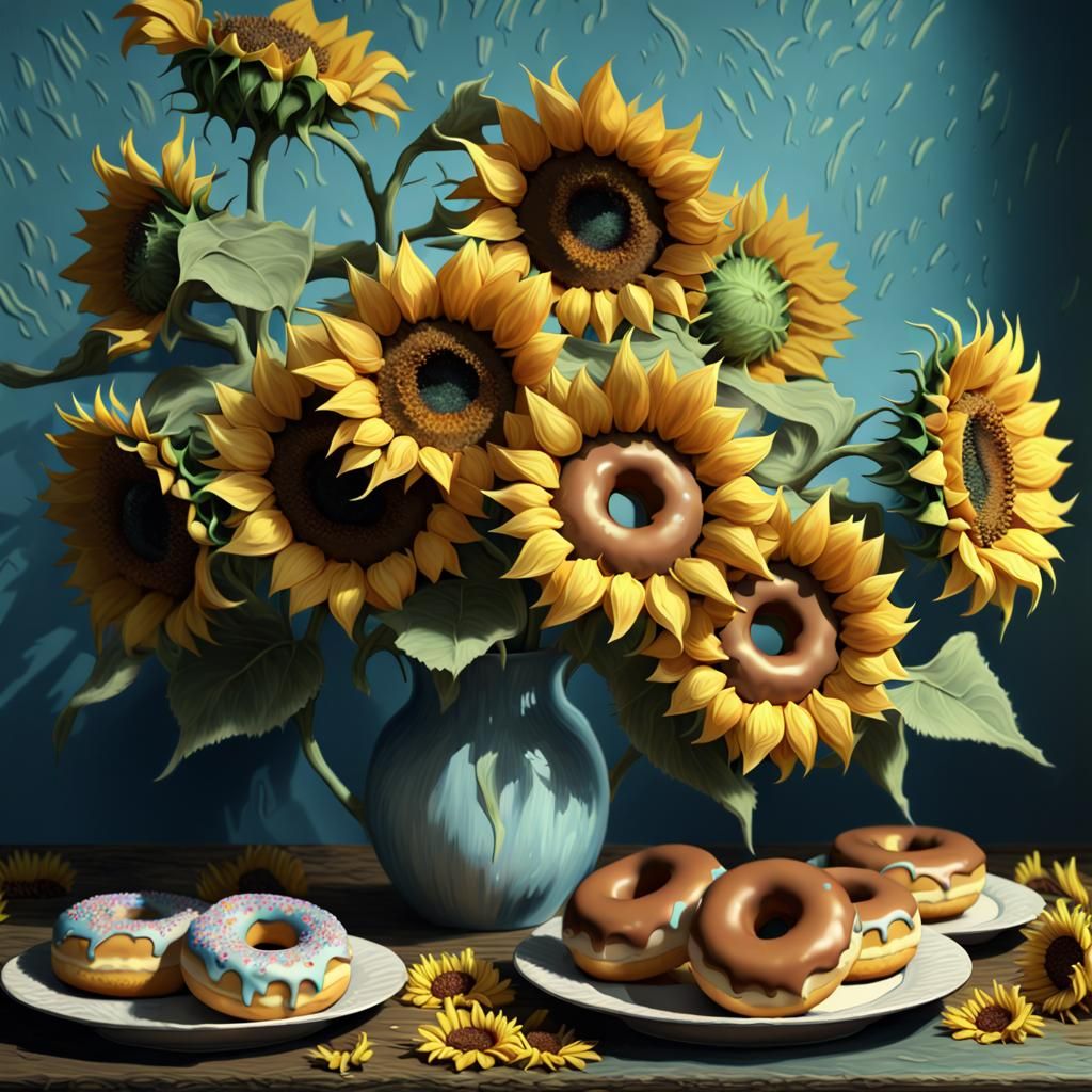 Donut Sunflowers in Van Gogh Style, 3D Render