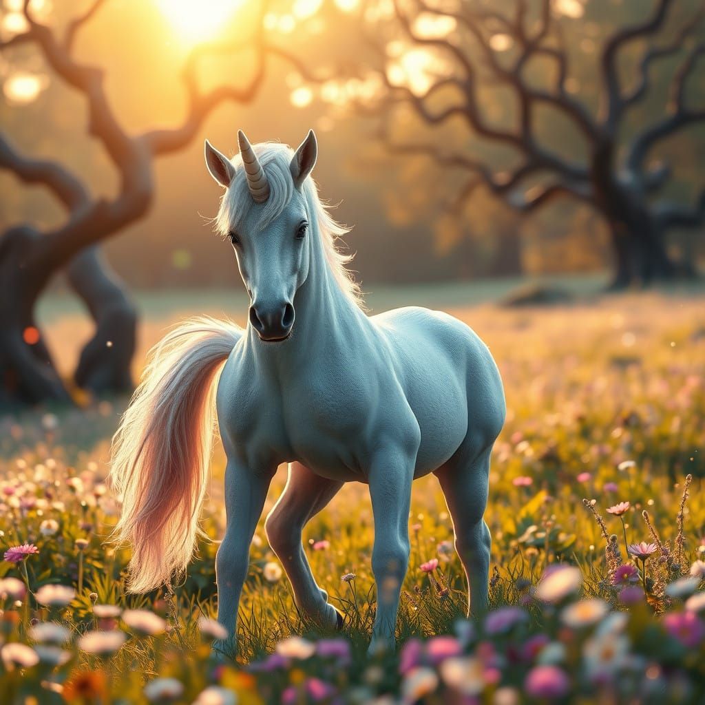 Majestic Unicorn Baby in Whimsical Fantasy Landscape