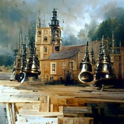 European Building with Bell Towers, Oil Painting