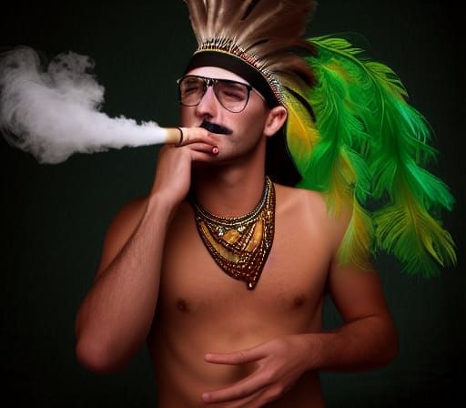 Man with Feather Headdress Smoking: Photorealistic 3D Portra...