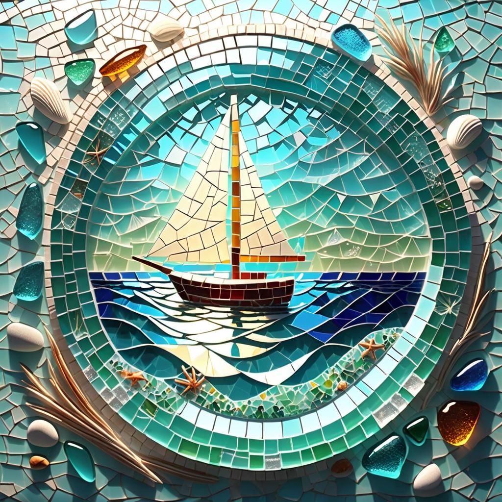 Beach Glass Sailboat Mosaic v6
