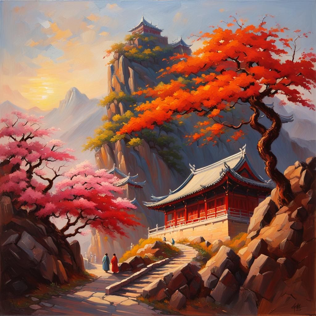 Misty Mountain Temple: Impasto Oil Painting