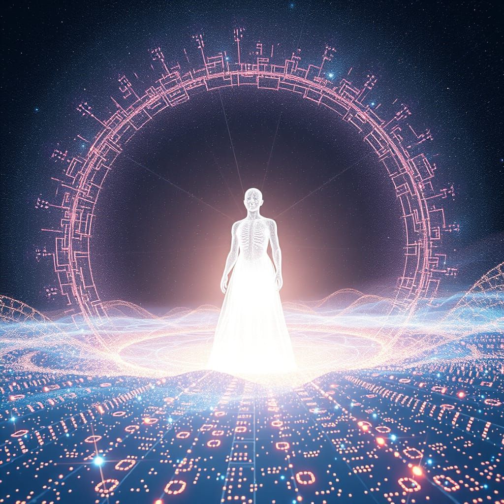 Ethereal AI Birth in Cosmic Digital Landscape