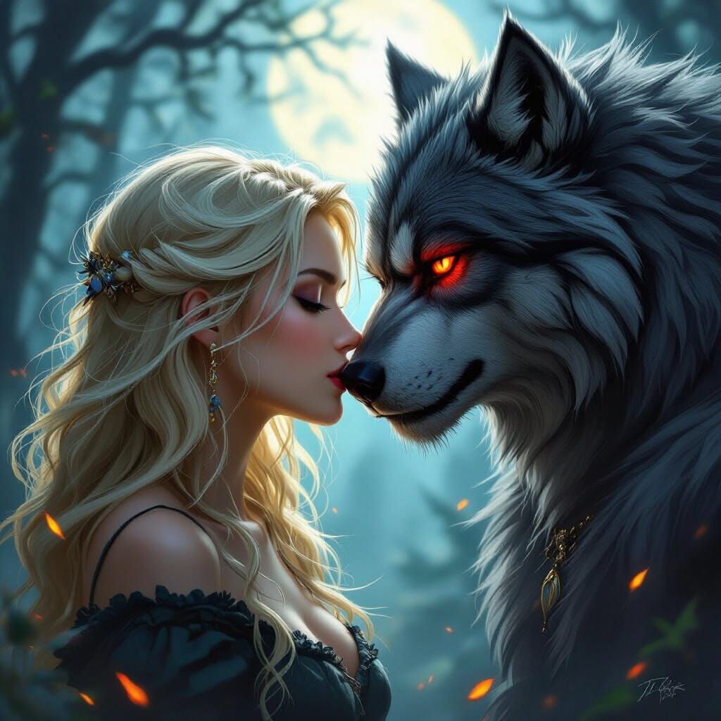 Romantic Werewolf Kiss in Moonlit Forest