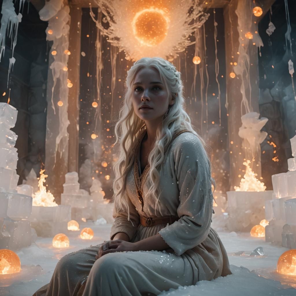 Girl in Ice Room with Fireballs: Cinematic Still