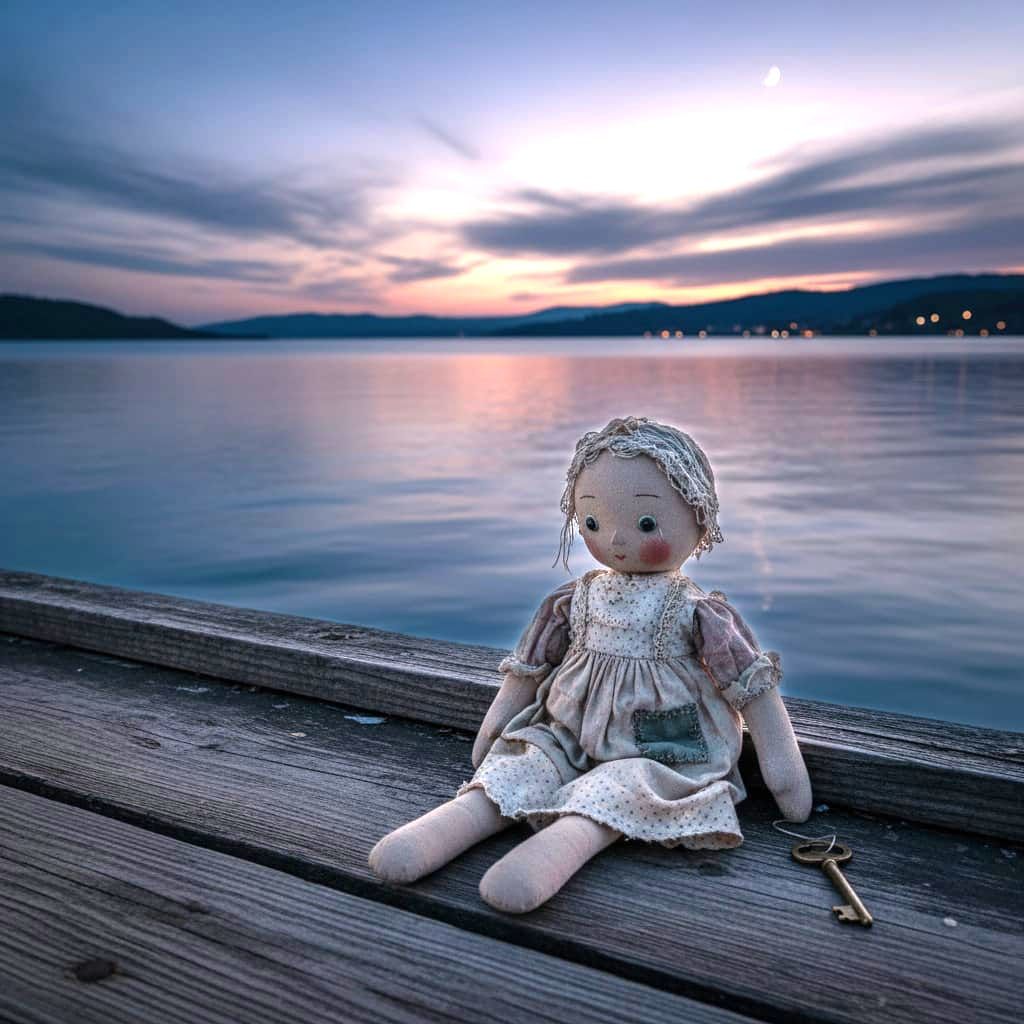 A melancholy rag doll sitting on a dock overlooking a twilig...