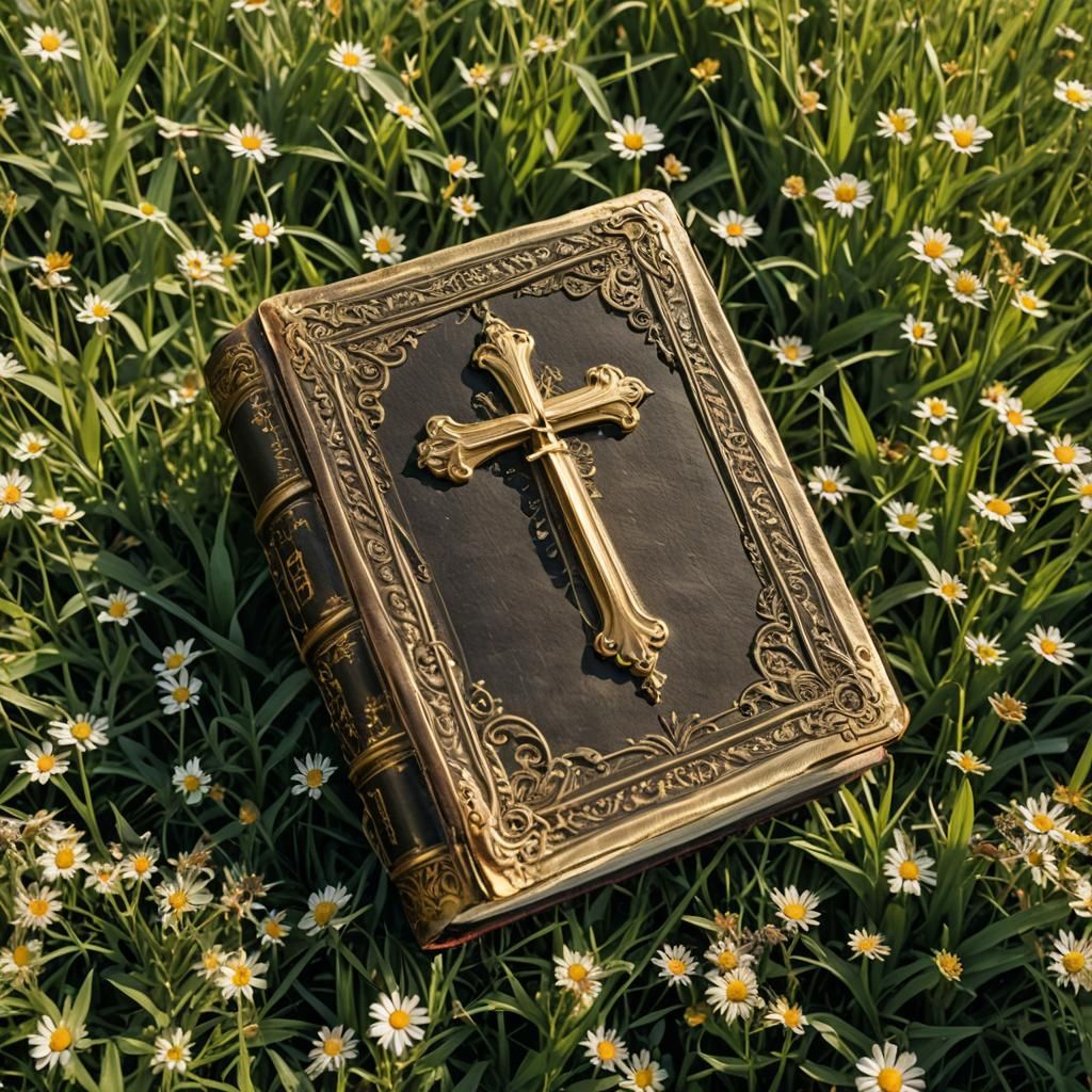 Antique Bible with Cross in Meadow
