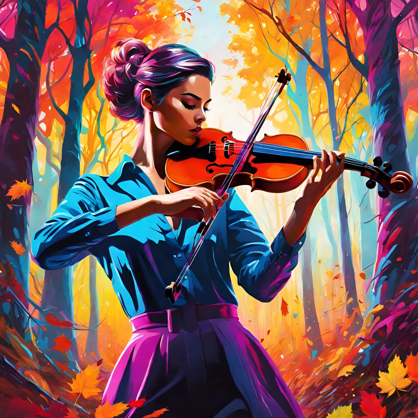 Violinist in Autumn Forest, Graffiti Art Style