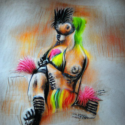 Colorful Charcoal Drawing of a Punk Burlesque Girl