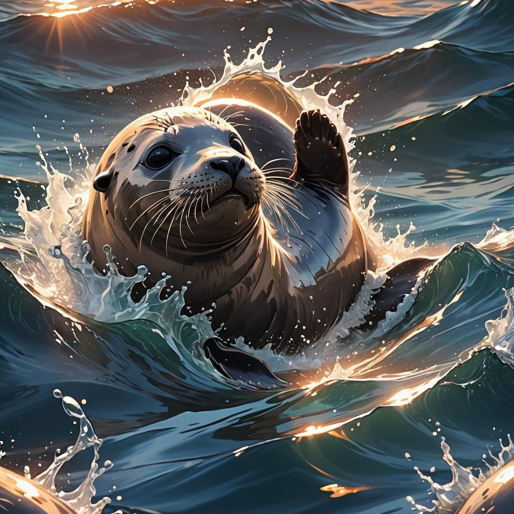 Anime Baby Seal Dive with Dynamic Water Splash