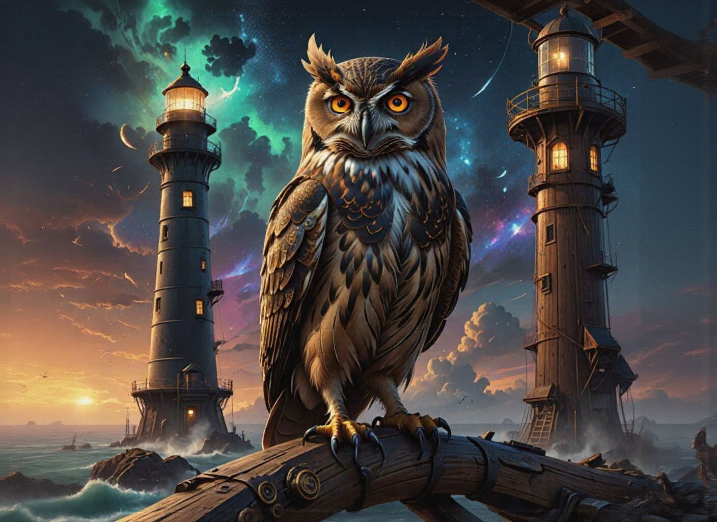 Steampunk Owl Perched Atop Ancient Lighthouse