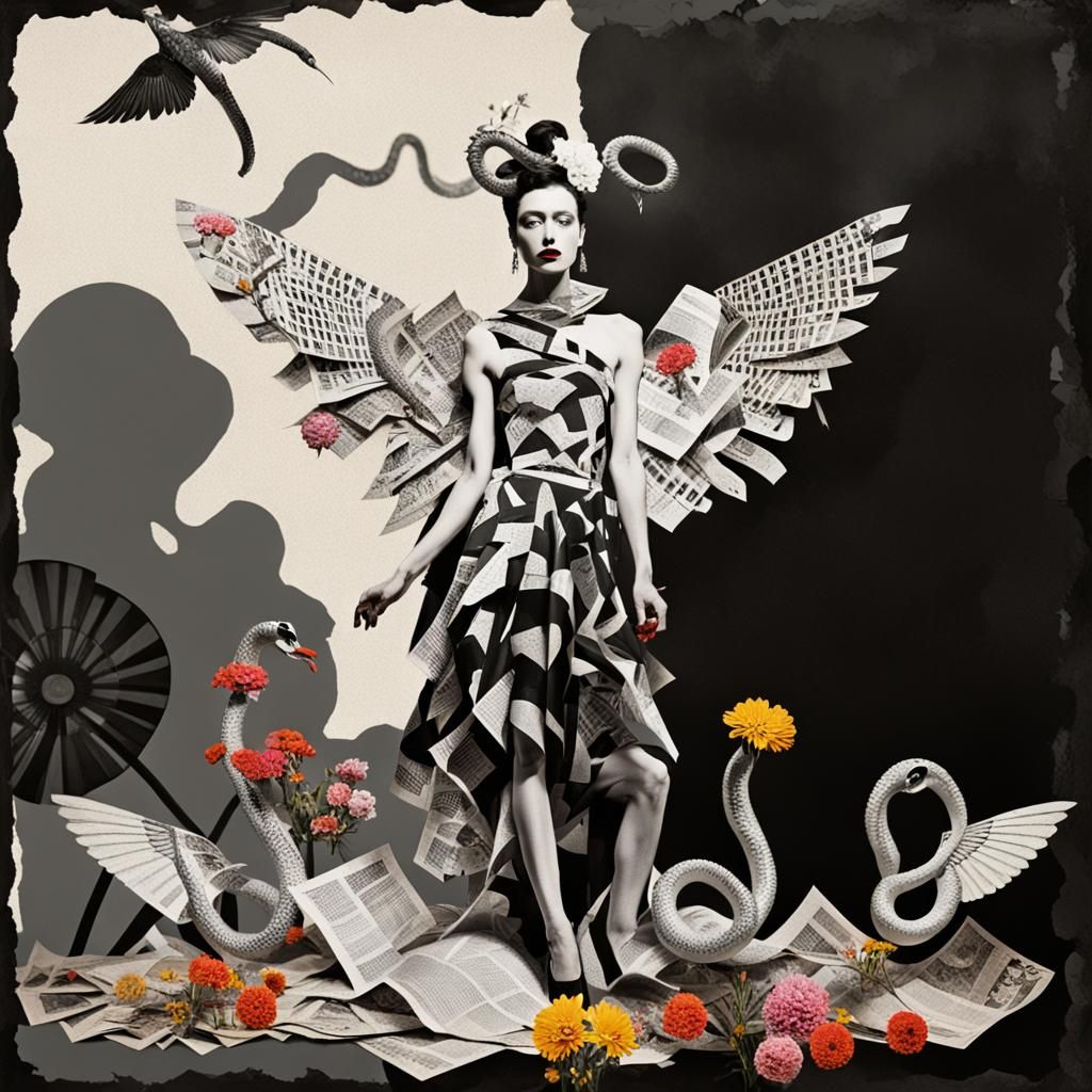 Surrealist Photomontage with Winged Serpents in Dadaist Styl...