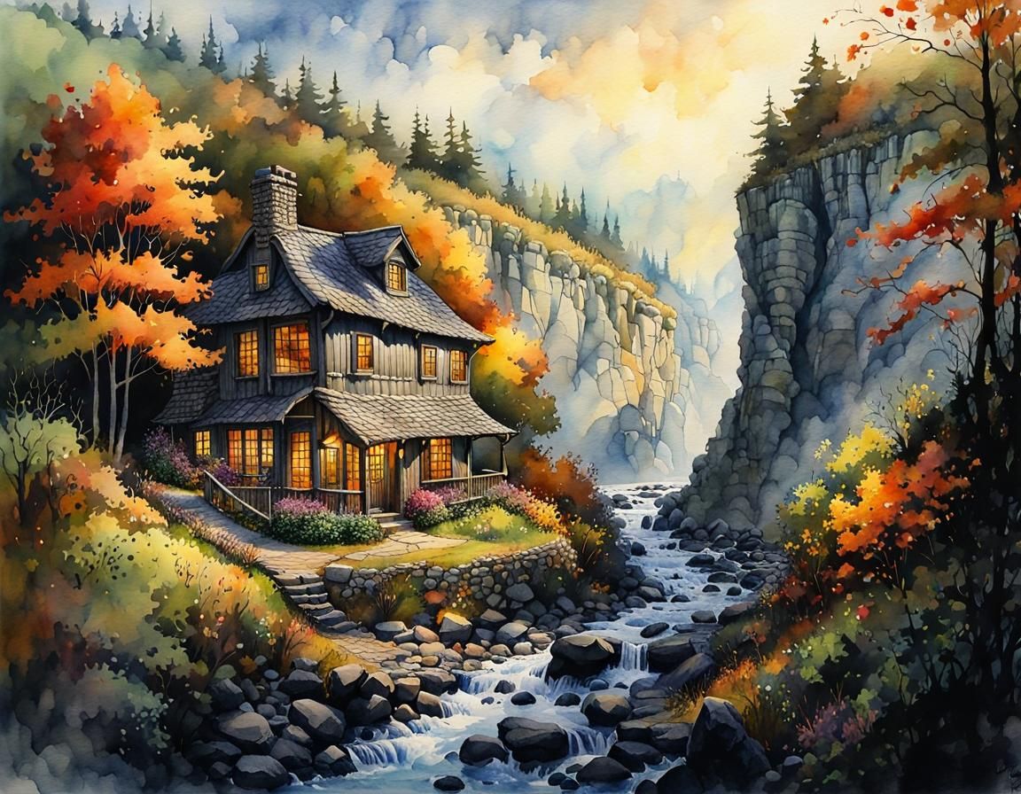 Cottage Overlooking Ravine in Watercolor and Ink