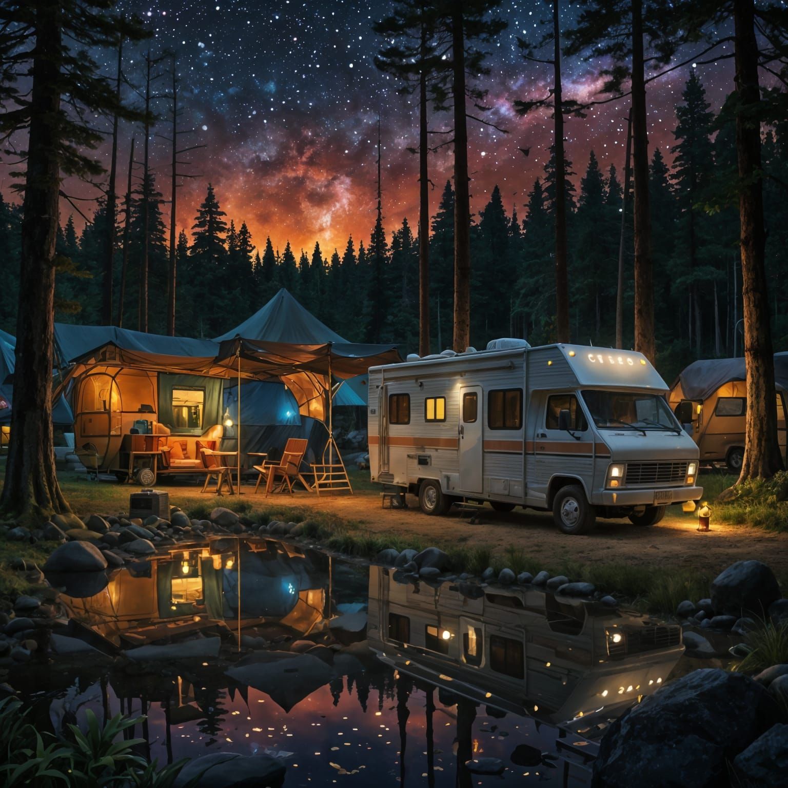 Colorful Campsite with RV and Waterfall Temple