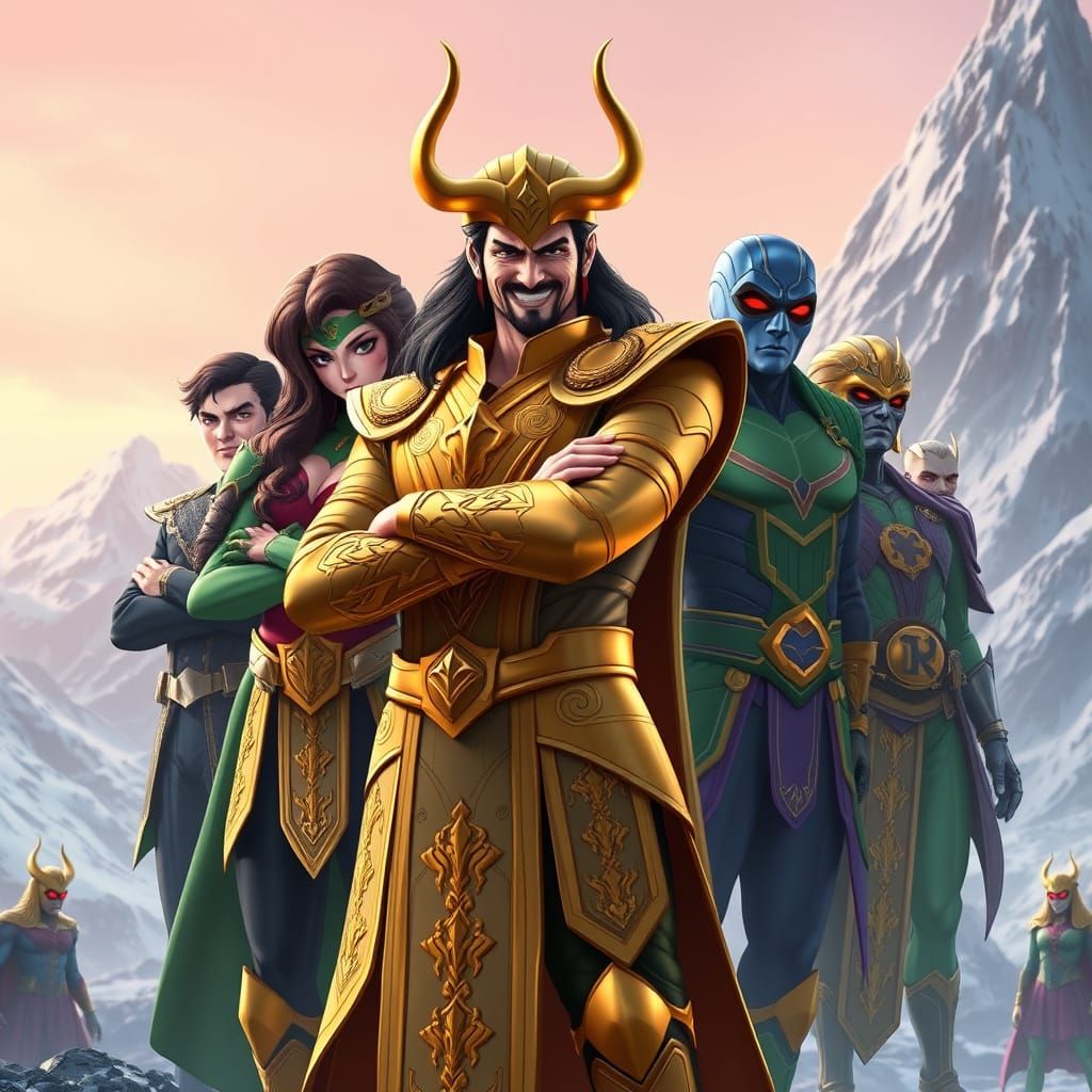 Golden Armor Loki Surrounded by DC Comics Villains in Anime-...