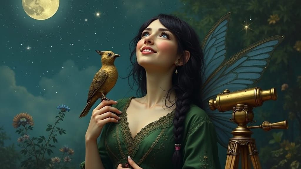 Enchanted Fairy Stargazer with Majestic Brass Bird