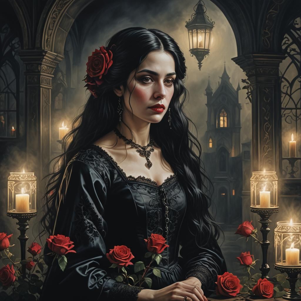 Gothic Woman with Roses in Baroque Photorealism