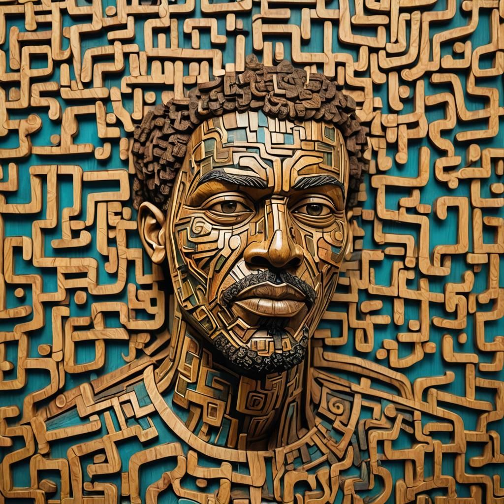 African Pattern Wood Sculpture in Hyperrealistic Style