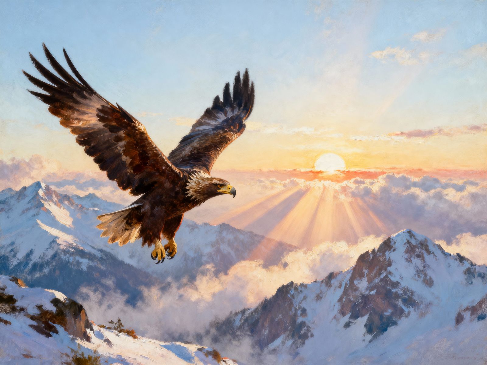 Majestic Eagle Soars Through Sunrise Mountains