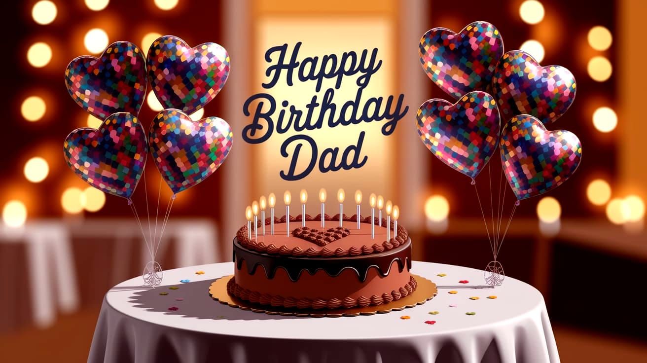 Dad's Birthday Celebration with Heart-Shaped Cake and Balloo...