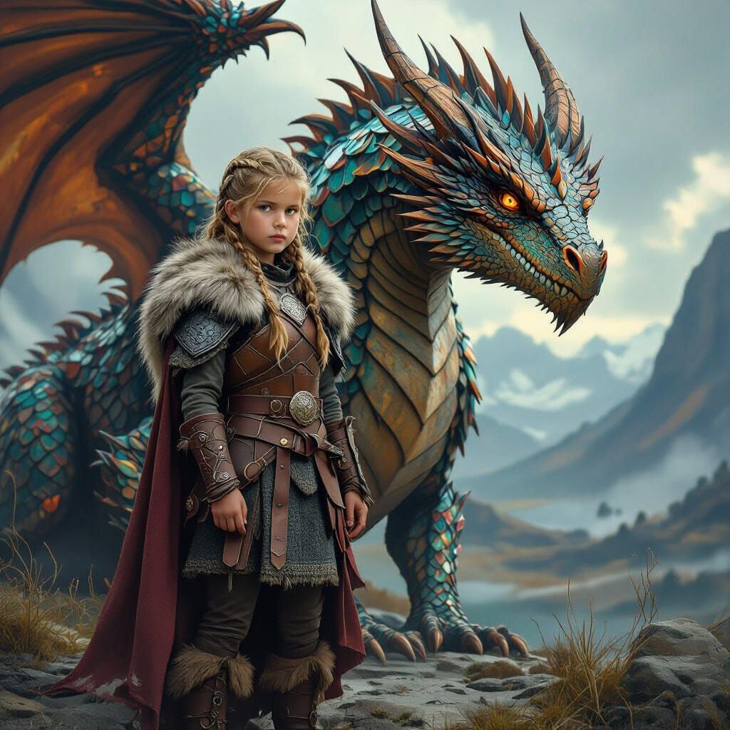 Viking Girl and Gem-Scaled Dragon in Nordic Landscape
