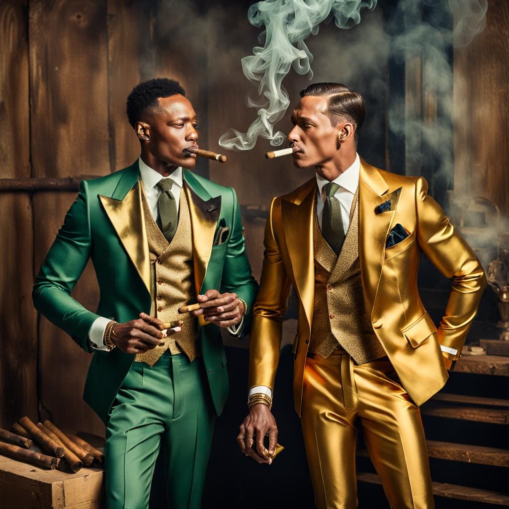 Gold-Suited Men Enjoying Cigars