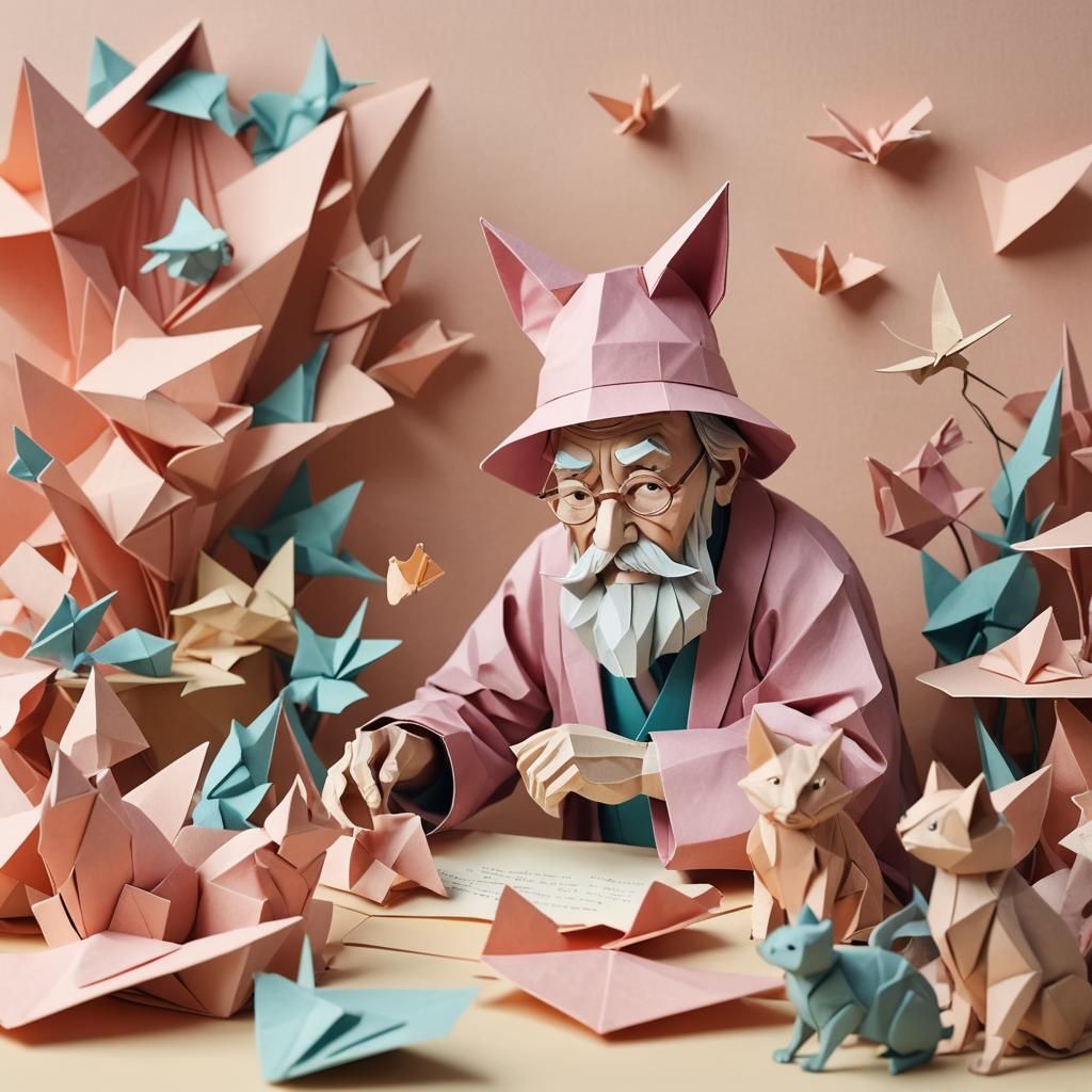 Whimsical Paper Sculpture: Wise Man to Cat Transformation