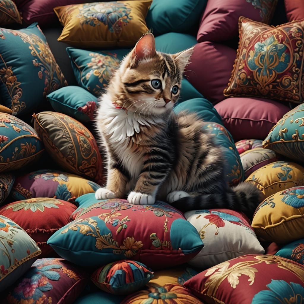 Cute Kitten Among Cushions: Detailed Matte Painting