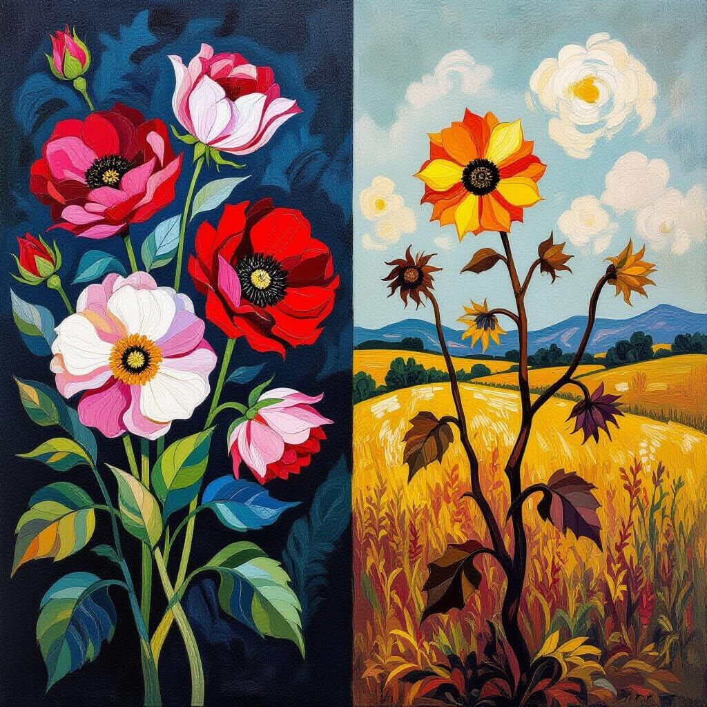 Vibrant Blooms Meet Withered Decay in Expressive Art Style