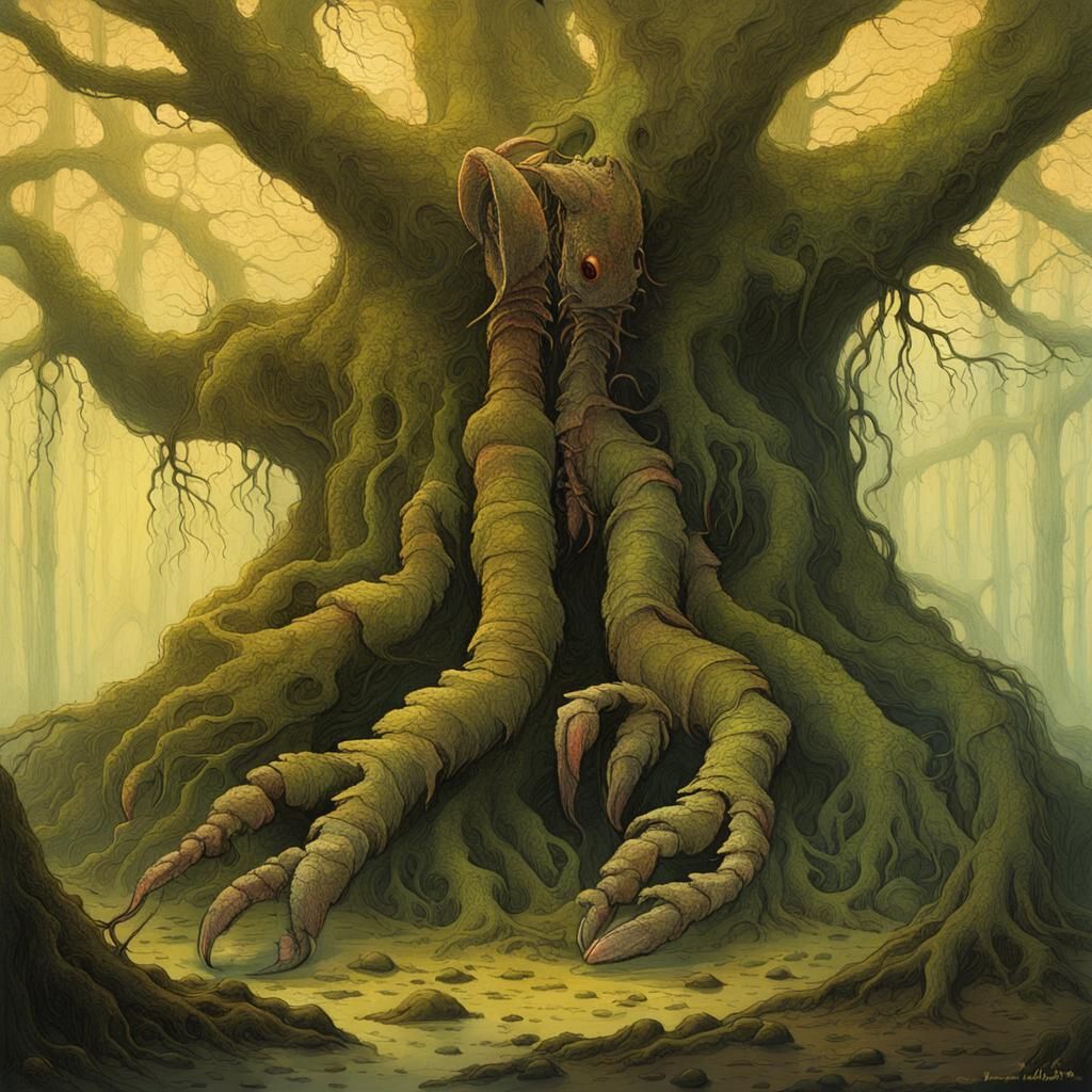 Surreal Lobster Emerges from Ancient Tree Roots