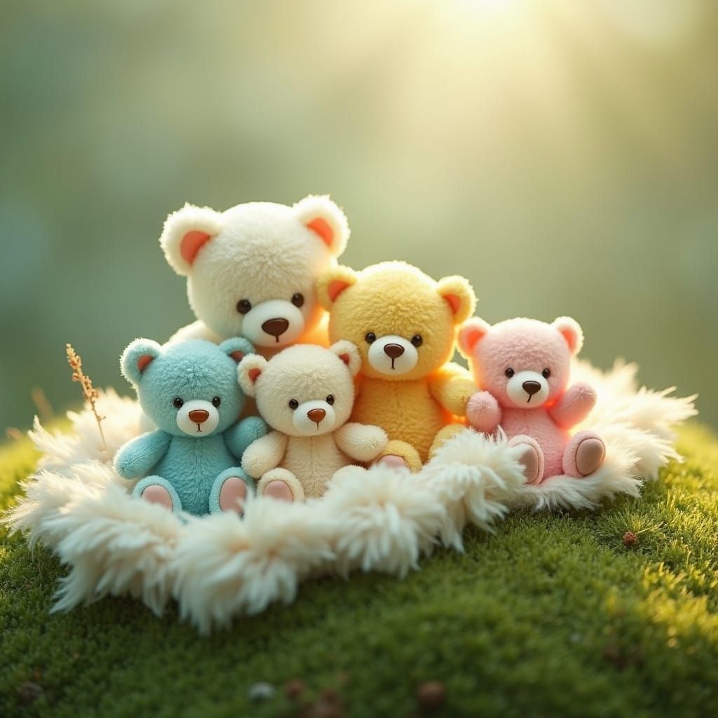 Pastel Hued Teddy Bears on a Whimsical Hillside in Cinematic...