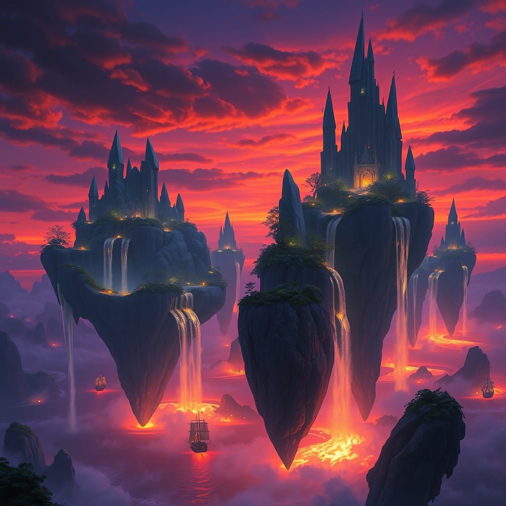 Floating Islands Above Glowing Ocean at Twilight