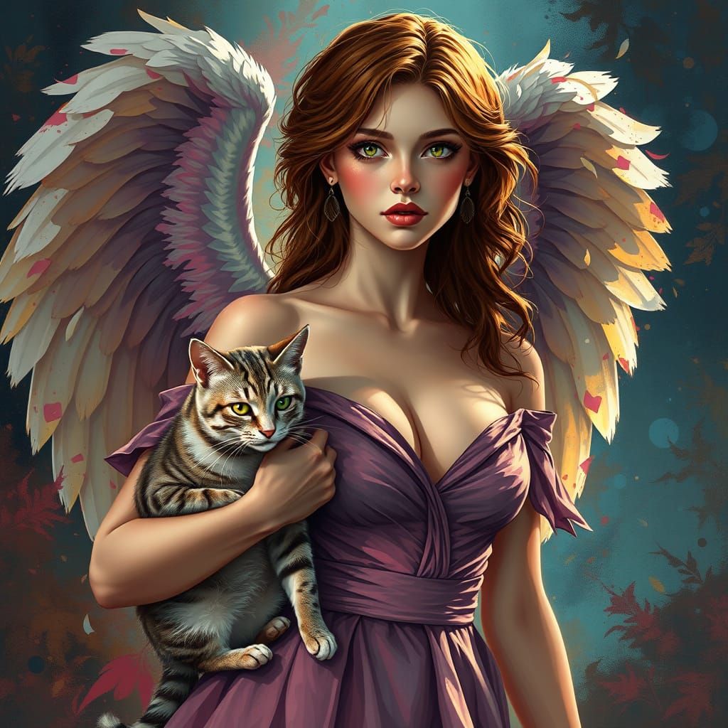 Surreal Angel in Elegant Hyperrealistic Portrait with Feline...