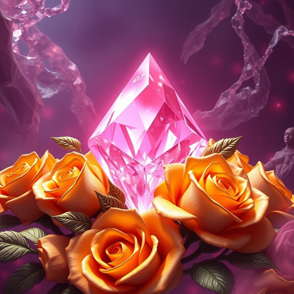 Crystal Pink Diamond Surrounds Golden Roses in Fantasy Scene