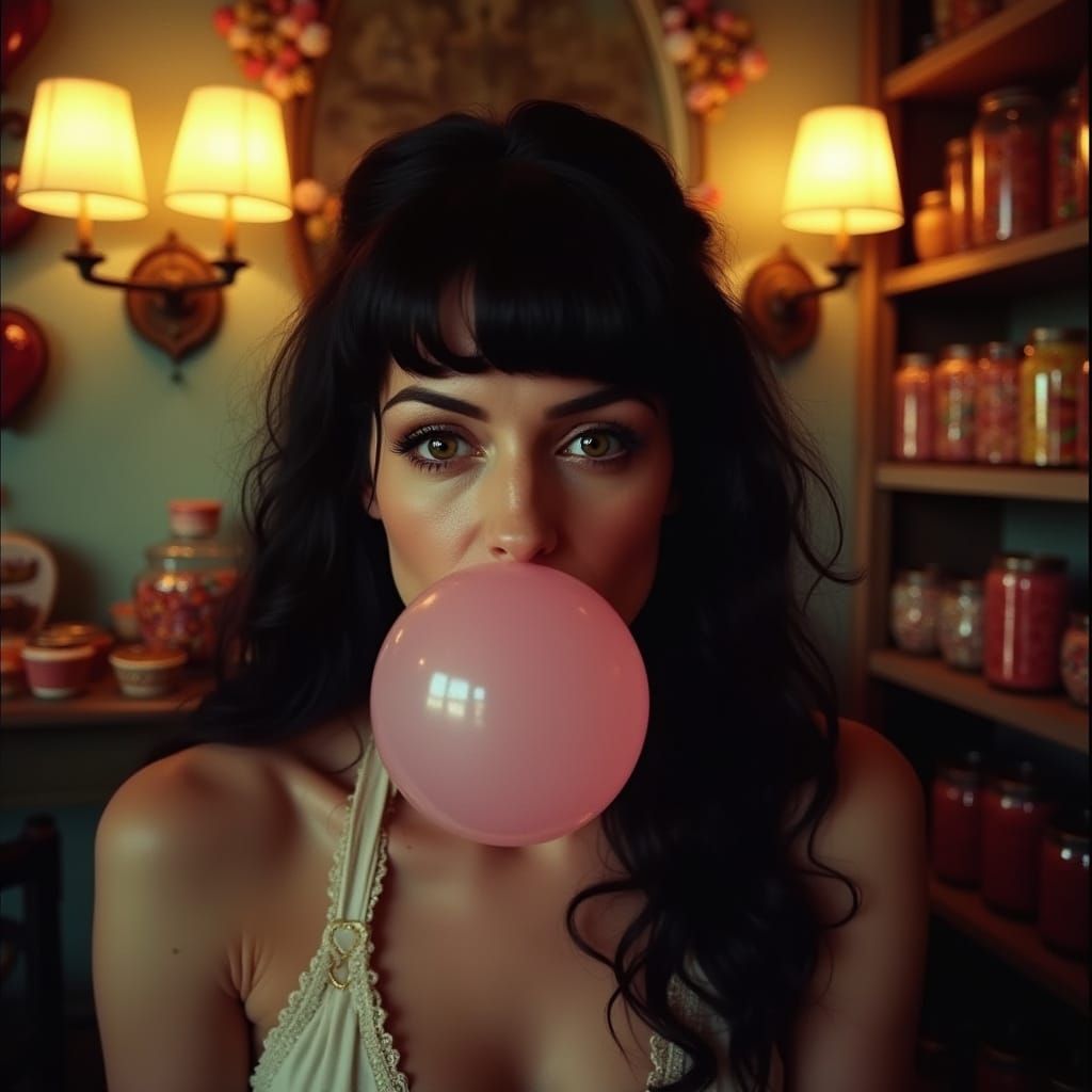 Amy Winehouse Blows a Giant Bubble in a Vintage Candy Store