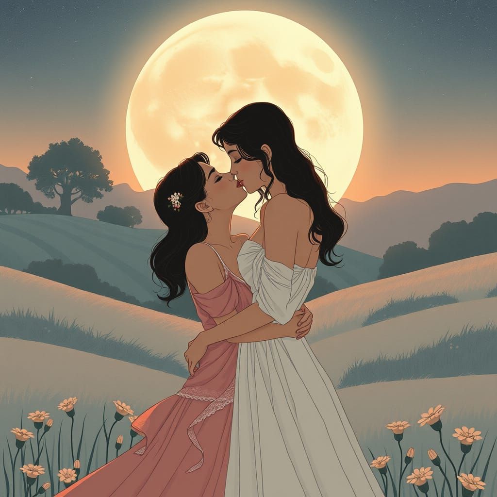 Romantic Kiss Under Moonlit Sky in Art Nouveau Style
