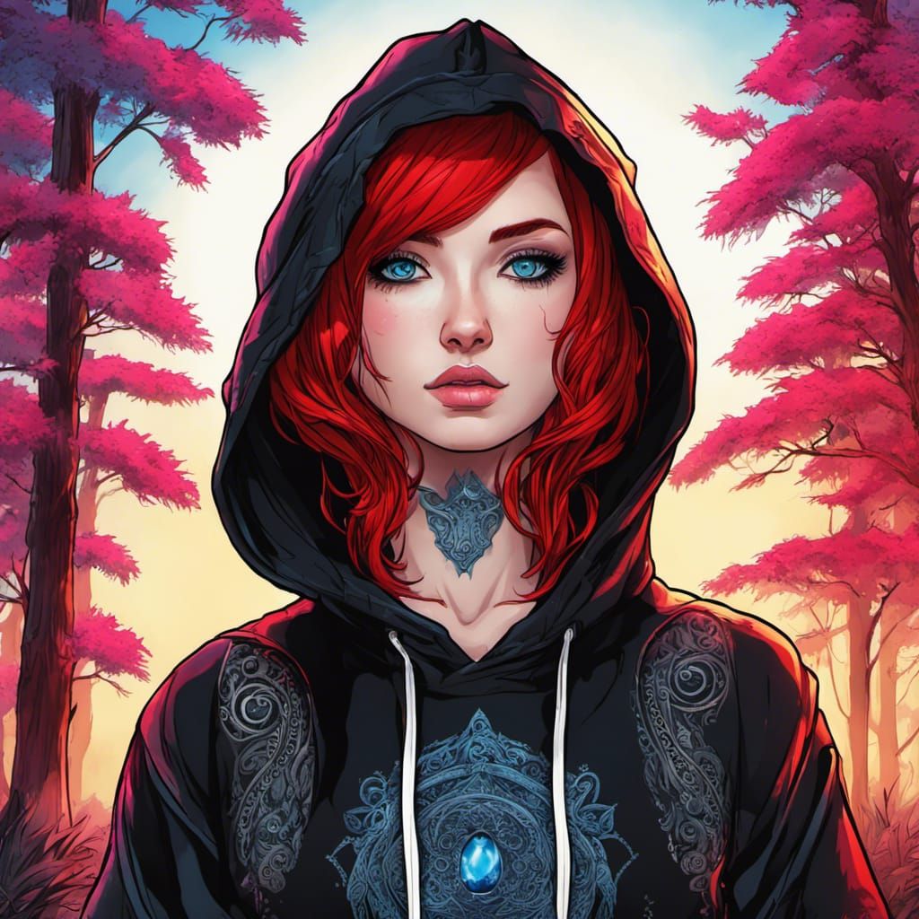 Cute Goth Girl in Neon Forest, Anime Portrait