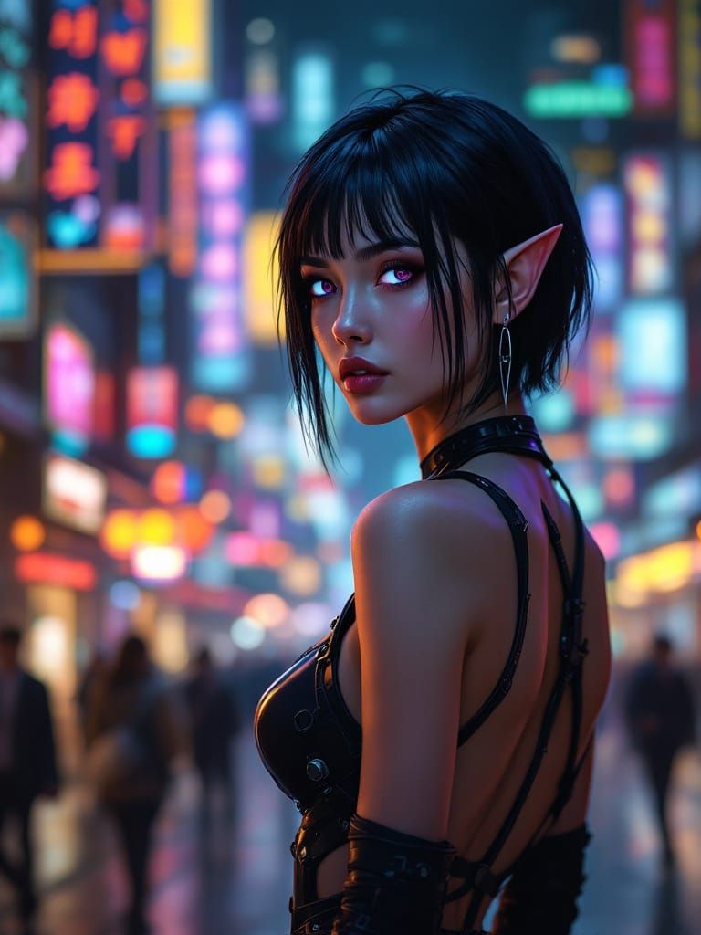 Sleek Cyber Elf Walks Through Neon City Streets