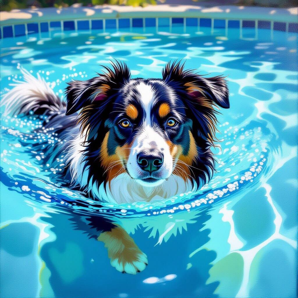 Realistic Border Collie Mix Swimming in Pool Oil Painting