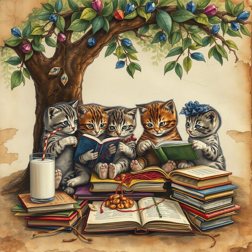 Whimsical Feline Scholars Delve into Vintage Tomes