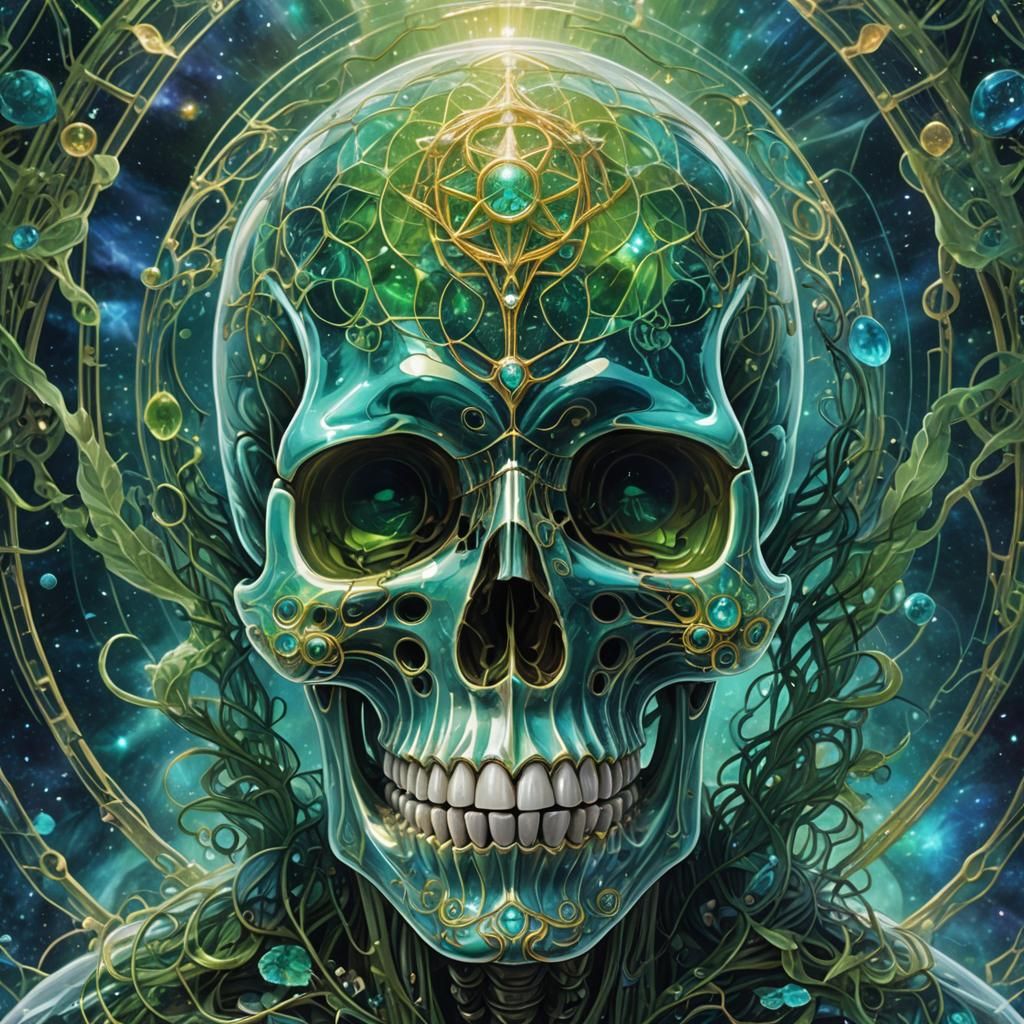 Glass Skull with Cosmic Scorpions: Surreal Illustration