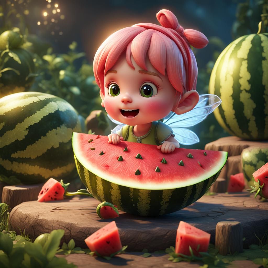Fairy Eating Watermelon in 3D Game Style