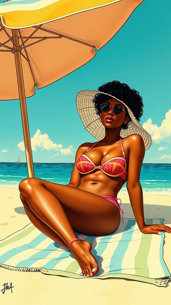 African American Woman Sunbathing in Comic Book Style