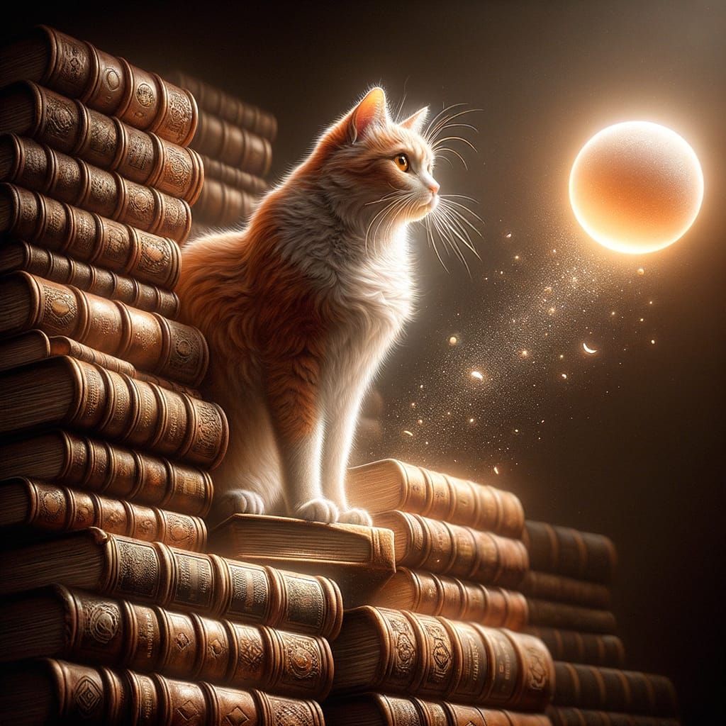 Tabby Cat Reading in a Baroque Library